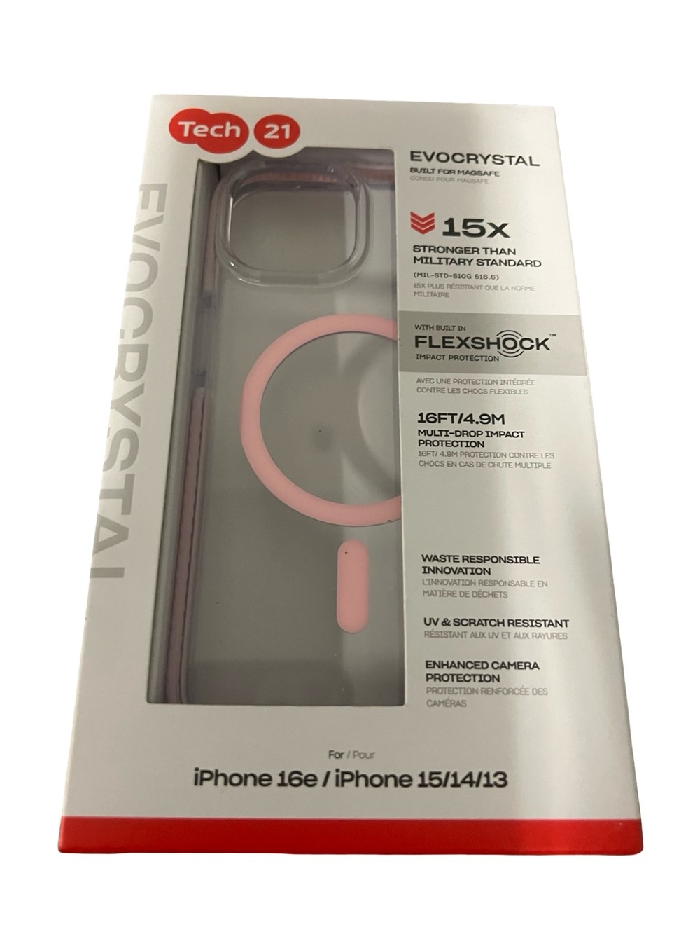 Tech21 EvoCrystal Clear Pink Ring iPhone 16e 15/14/13 Case open box